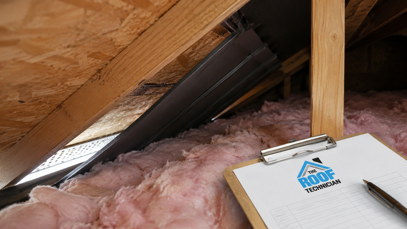 Close up of settled attic insulation and an open baffle at the eave in a Vaughan home