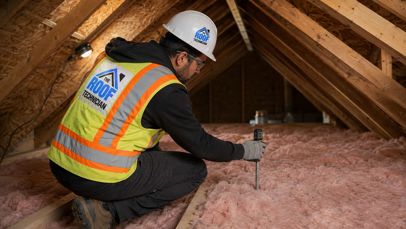 Technician in an attic measuring existing insulation depth before an attic insulation top up in Vaughan