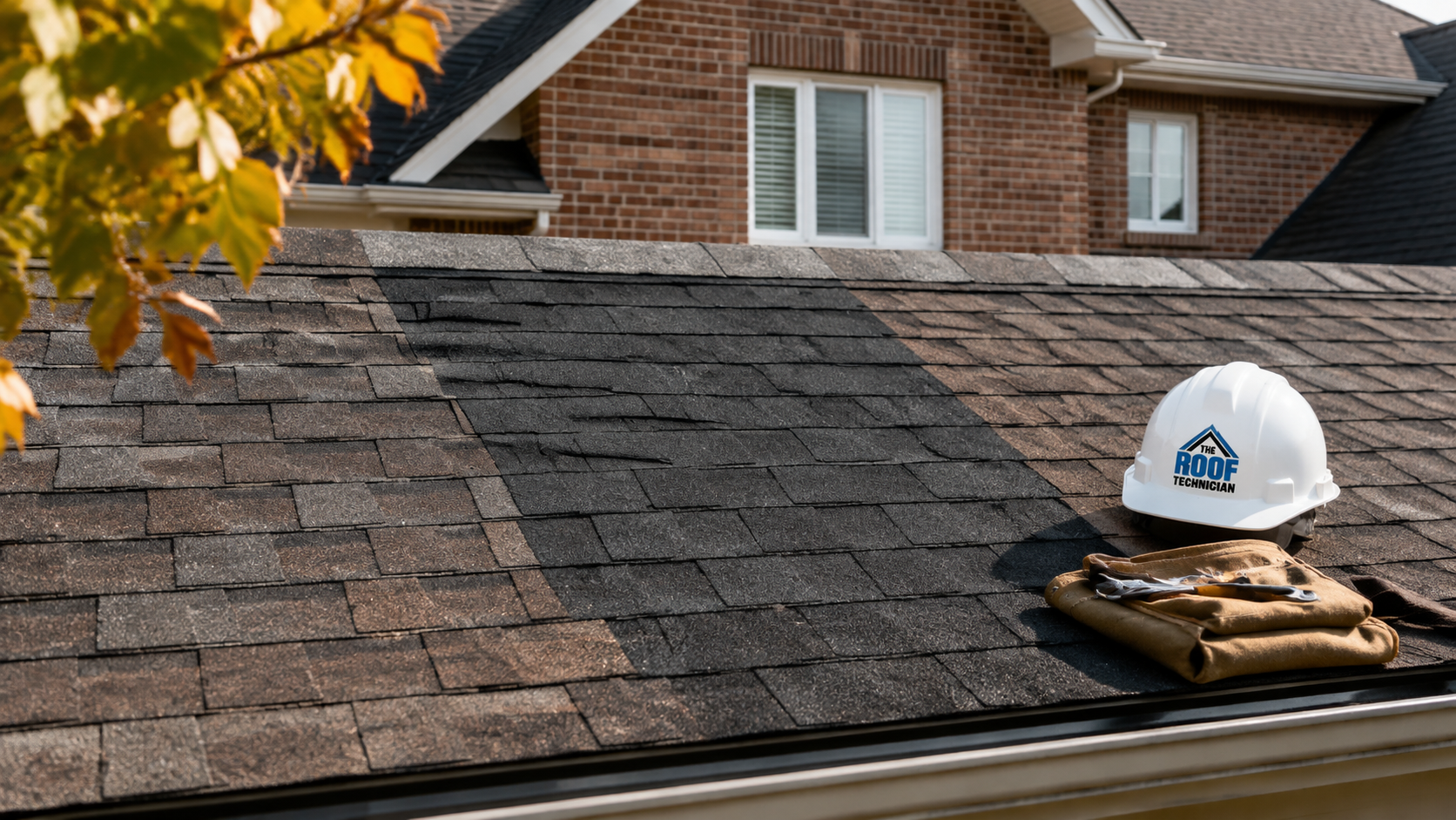 Vaughan home roof with a partially replaced shingle section slightly different in tone from the surrounding roof