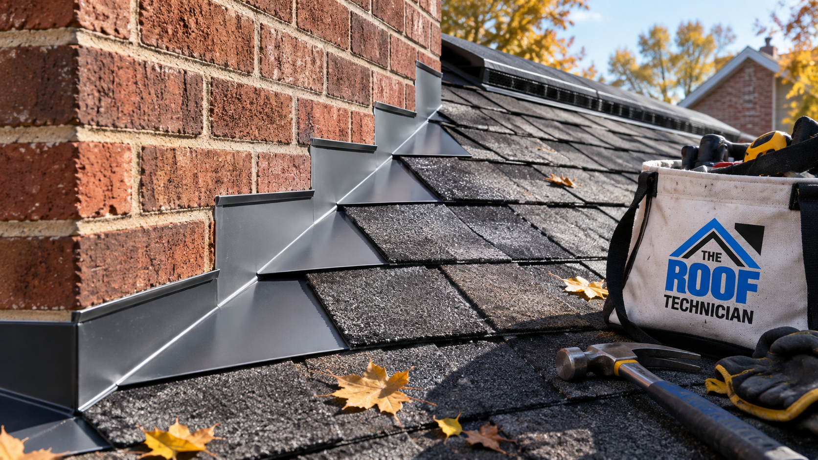 Close view of new step flashing and ridge venting completed during a roof replacement Peel Region installation