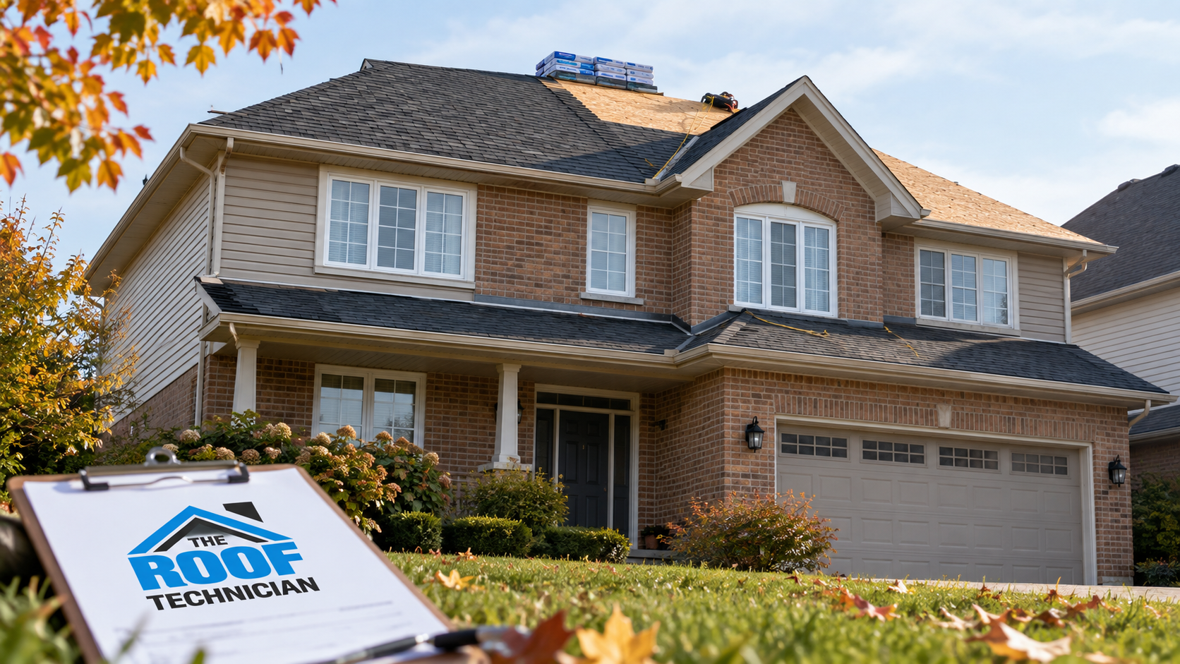 Suburban two storey home mid roof replacement Peel Region style with fresh architectural shingles in autumn light