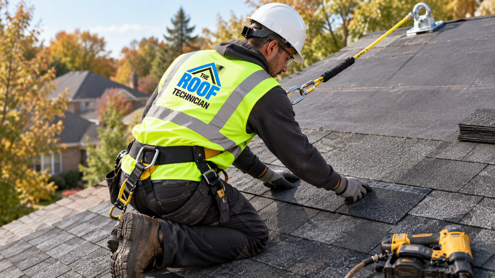 Roofer fastening architectural shingles during a roof replacement Peel Region project on a sloped suburban roof