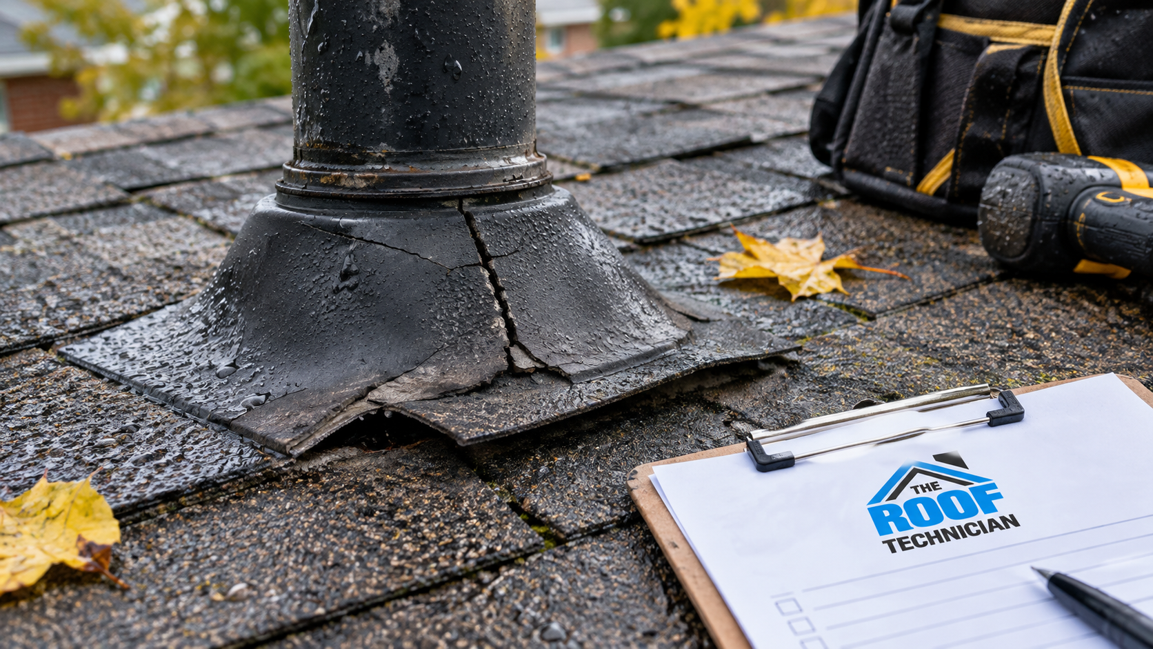 Close view of cracked vent boot and lifted flashing typical of emergency roof repair Mississauga callouts after a storm