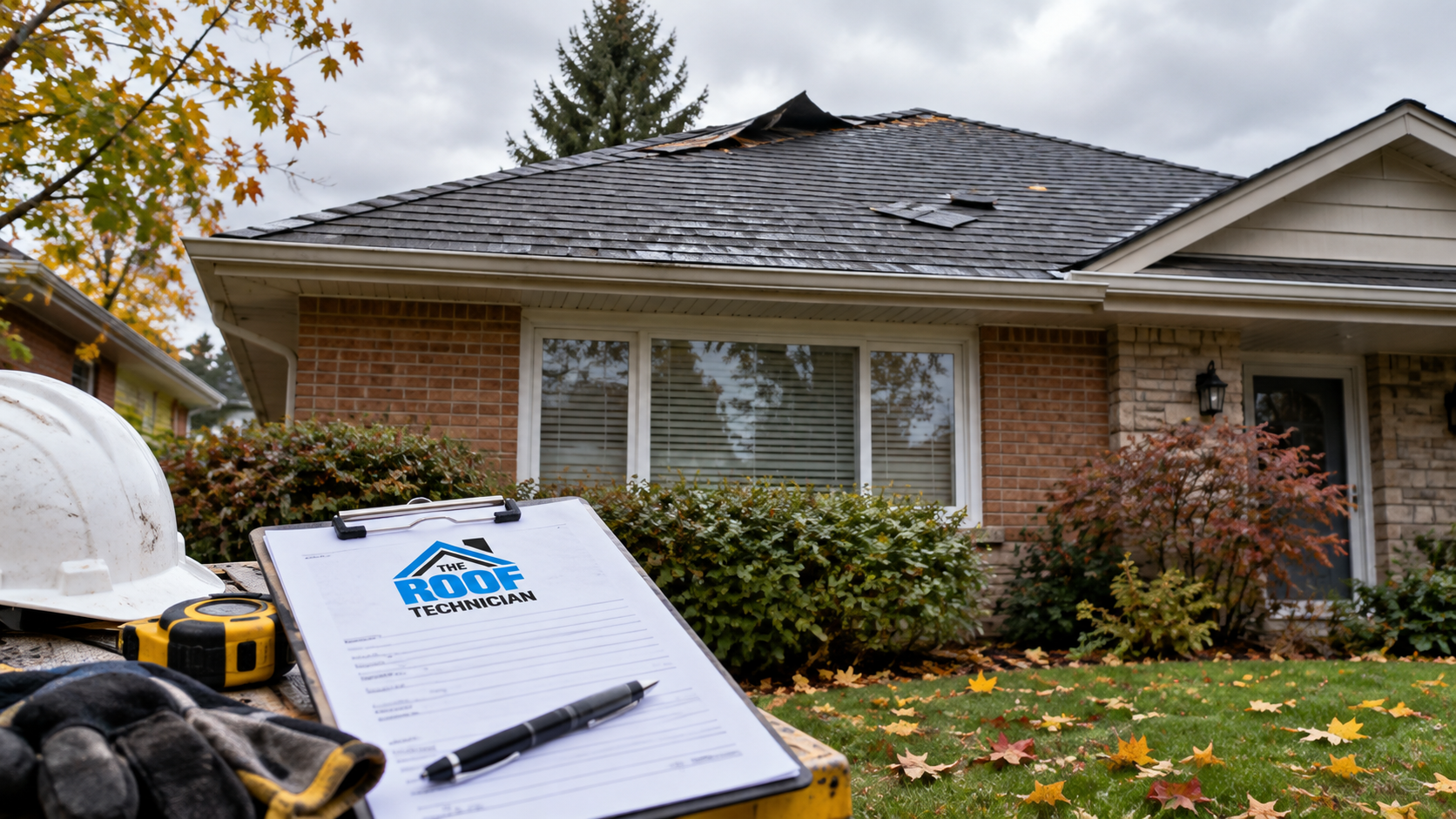 Storm lifted shingles on a suburban roof showing why emergency roof repair Mississauga homeowners call for is urgent