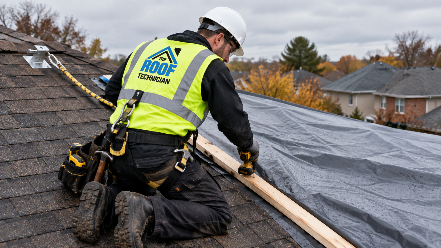 Roofer battening down a storm tarp during emergency roof repair Mississauga service on a sloped shingle roof