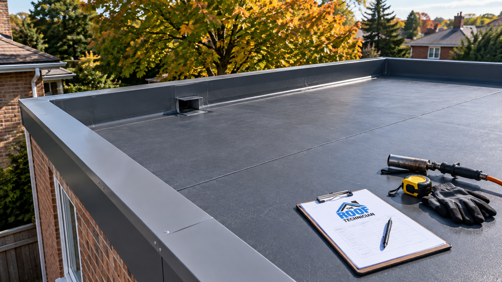 Newly installed membrane on a rear addition showing modern flat roofing Mississauga homes commonly require