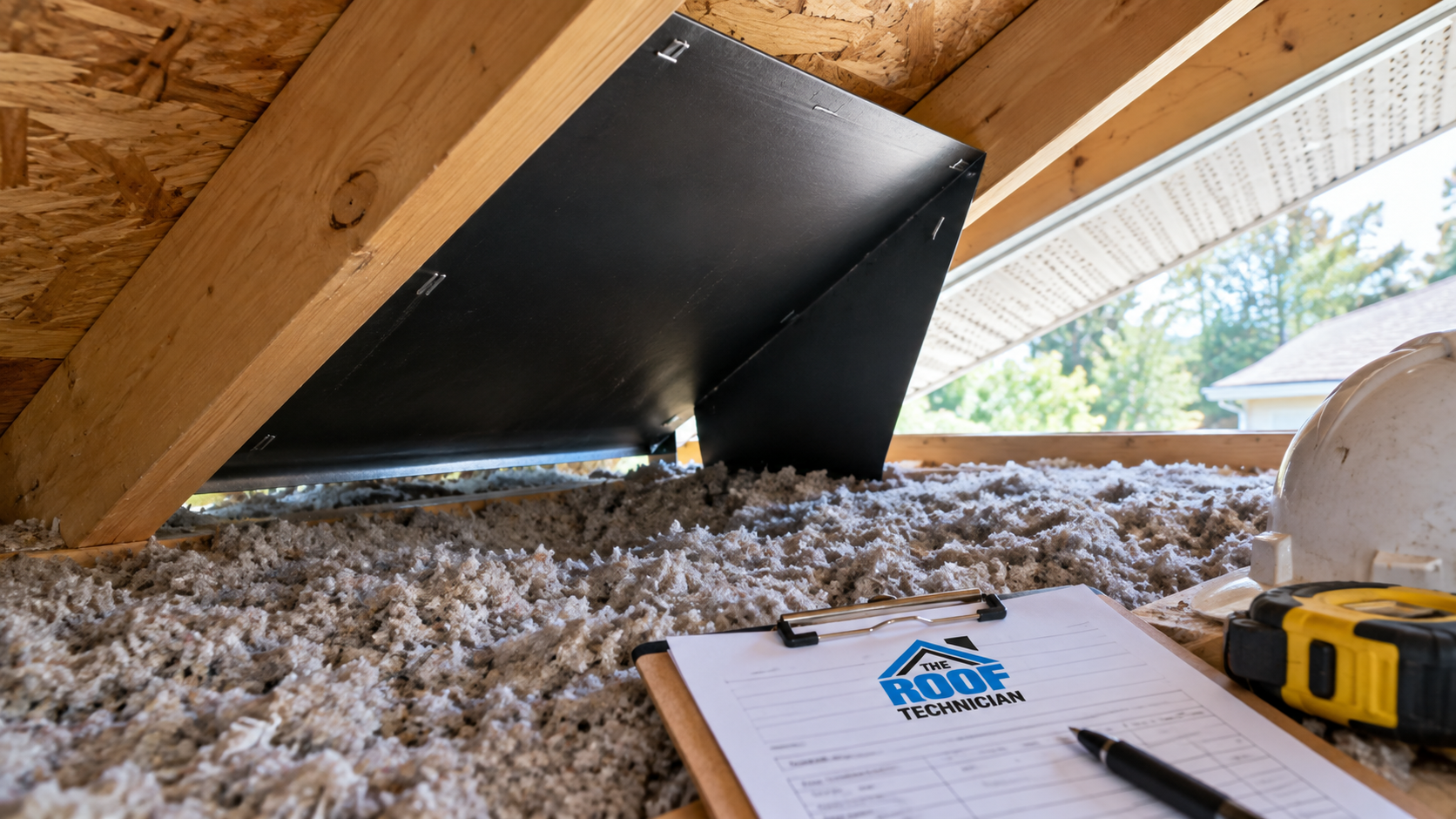 Rafter baffle keeping soffit intake clear above deep attic insulation Mississauga installers add at the eaves