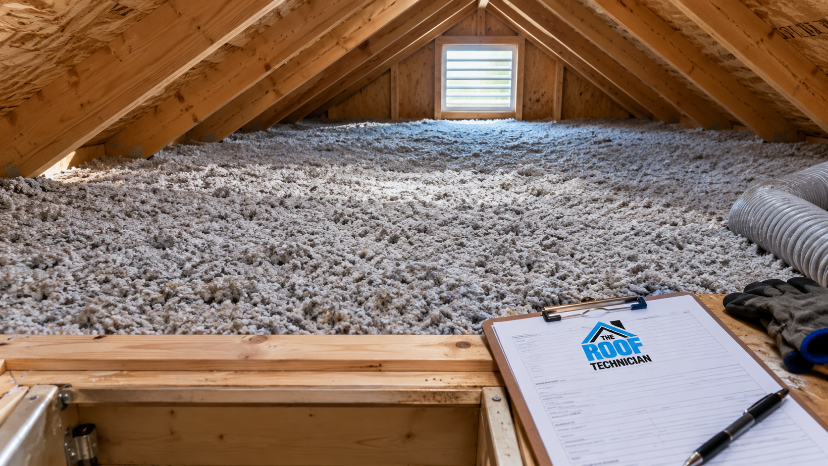 Deep blown insulation across ceiling joists showing the attic insulation Mississauga homes need to reach R-60