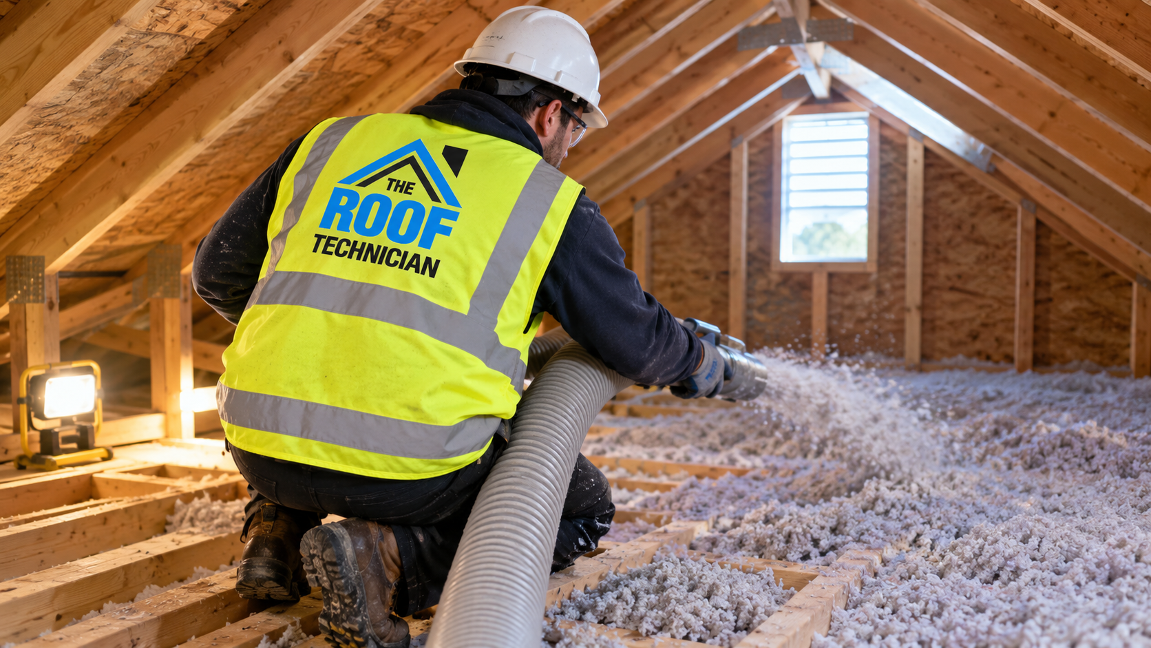 Insulation technician blowing loose fill to depth during an attic insulation Mississauga upgrade project