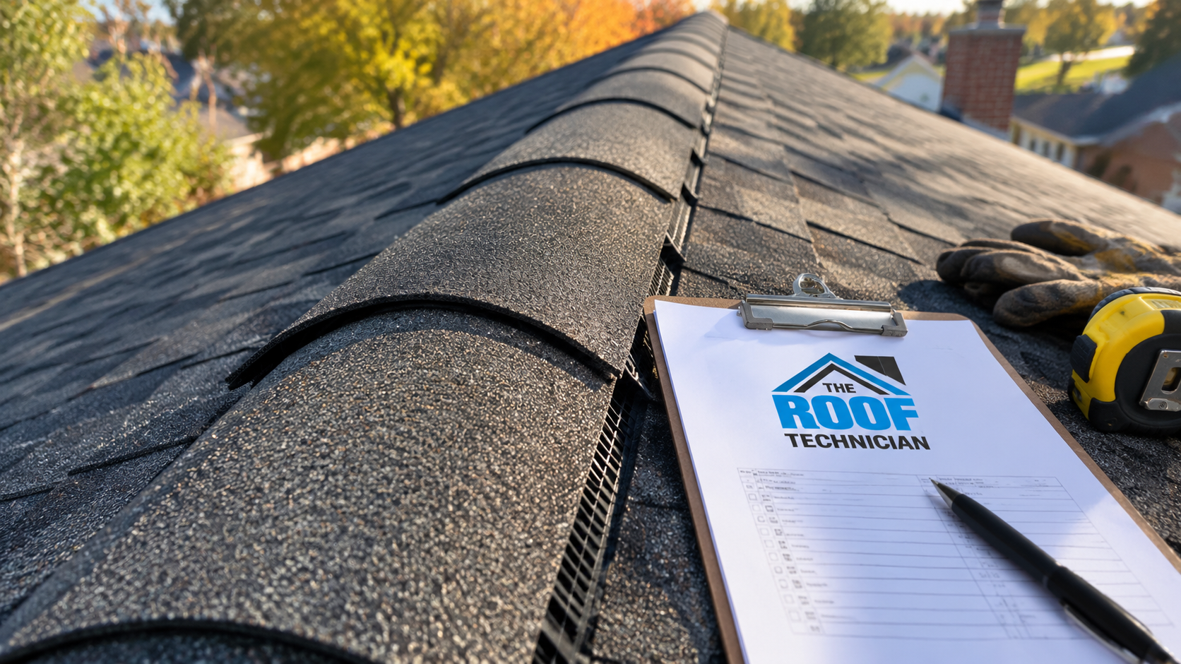 Close view of new laminate shingles and ridge cap completed in a shingle roof replacement Brampton installation