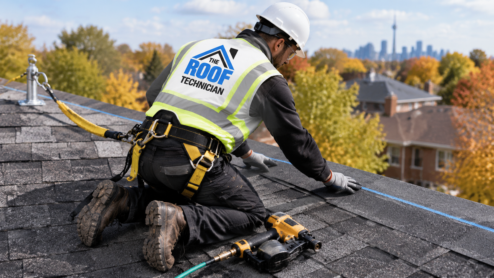 Roofer setting a course of laminate shingles during a shingle roof replacement Brampton project on a steep roof