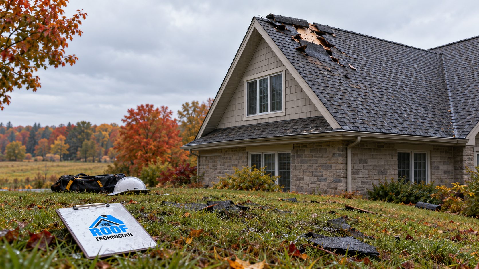 Wind damaged roof on a rural property showing why emergency roof repair Caledon owners arrange cannot wait
