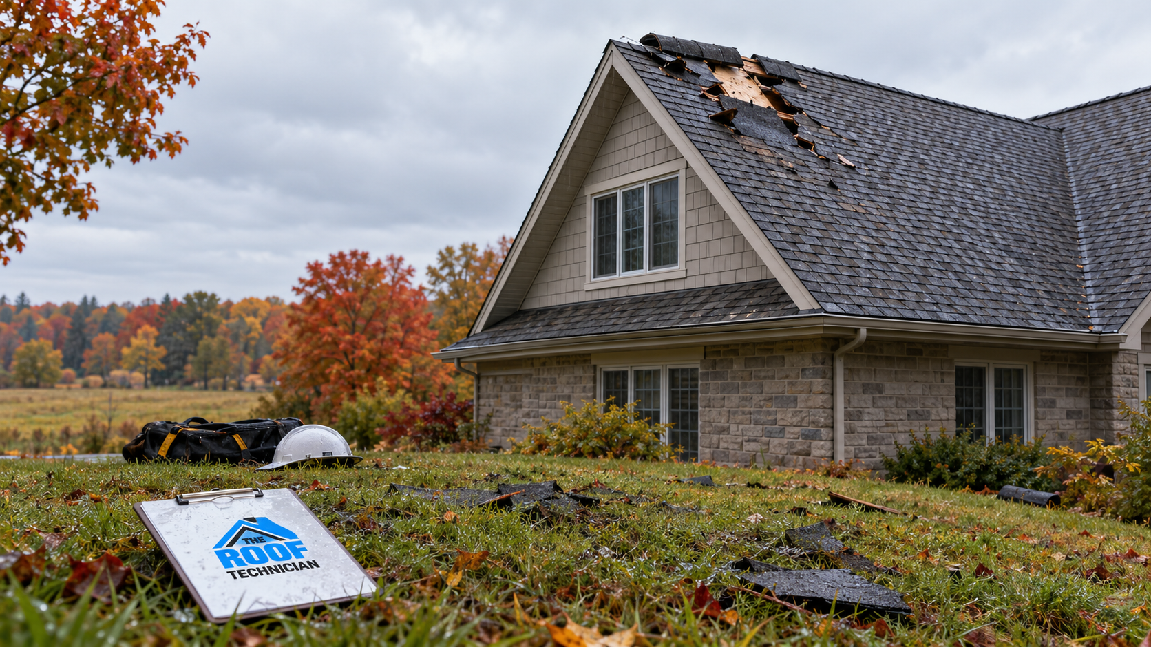 Wind damaged roof on a rural property showing why emergency roof repair Caledon owners arrange cannot wait