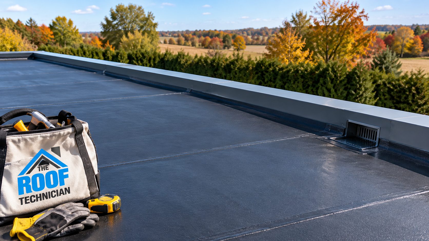 Low slope membrane roof on a rural property showing the flat roofing Caledon buildings typically require