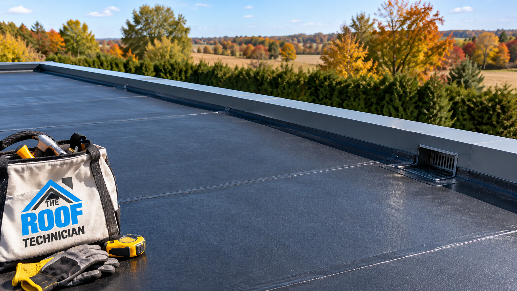 Low slope membrane roof on a rural property showing the flat roofing Caledon buildings typically require