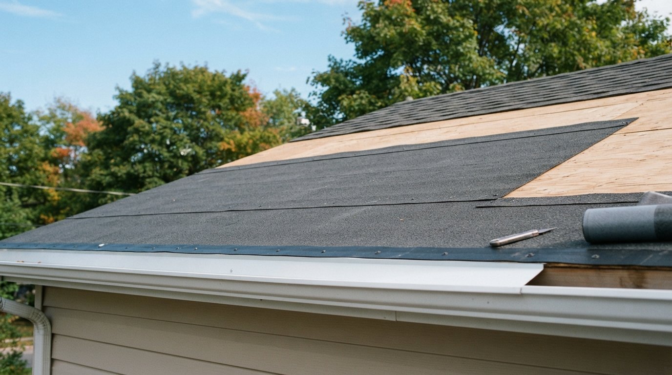 Ice and water shield membrane covering the lower eave edge of a Toronto-area roof deck before shingles go on