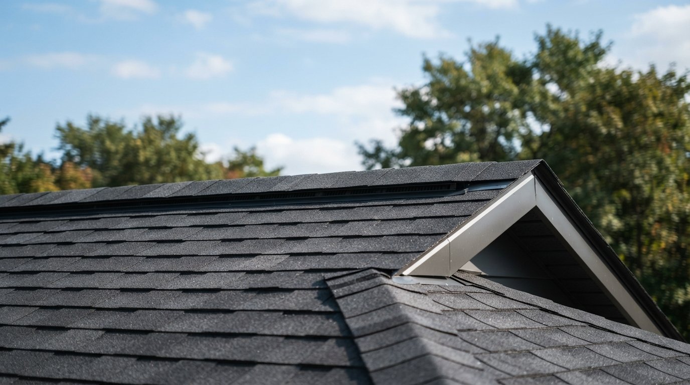 Neatly installed ridge cap shingles running along the peak of a Toronto-area asphalt shingle roof