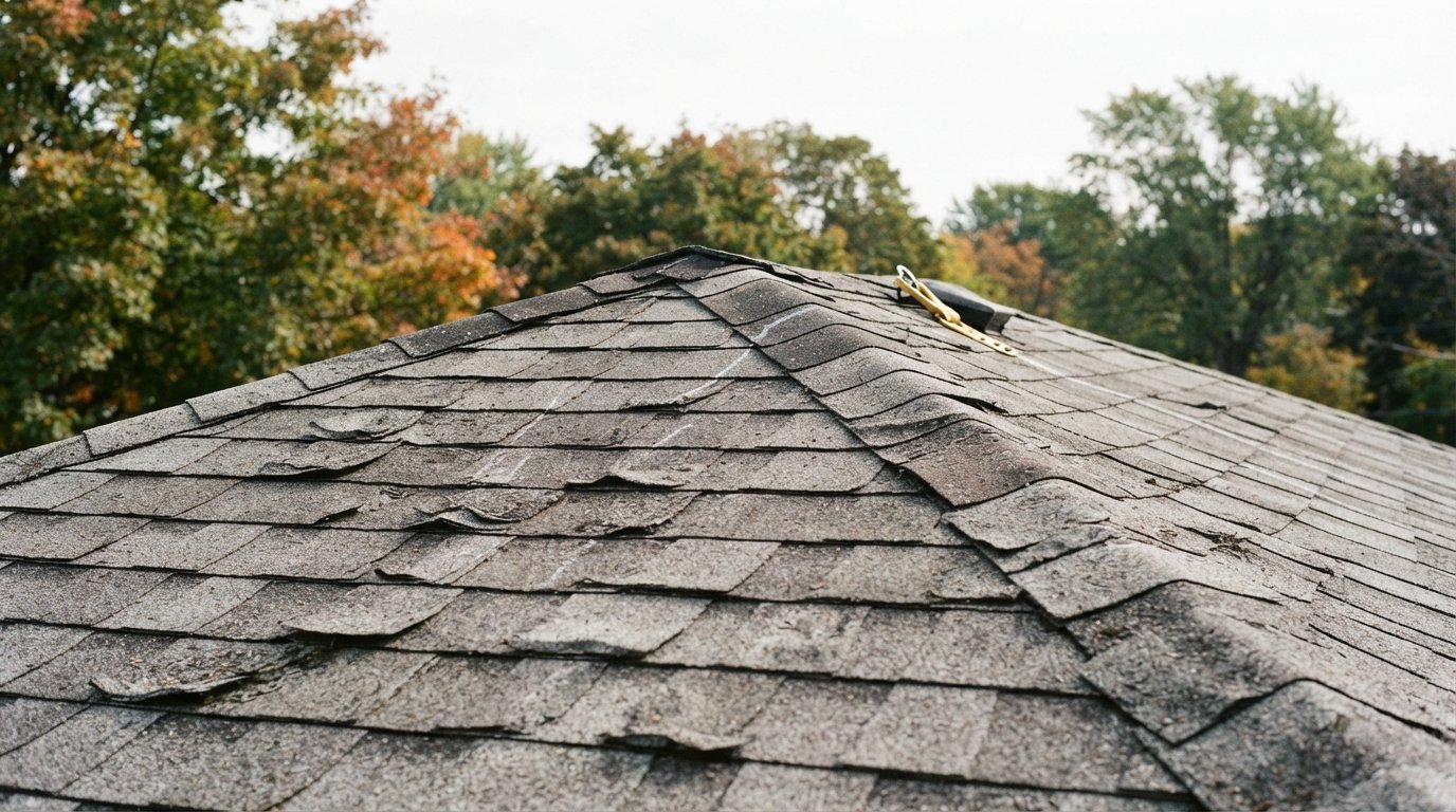 Aged asphalt roof with curling shingles lifting at the edges on a Toronto-area house