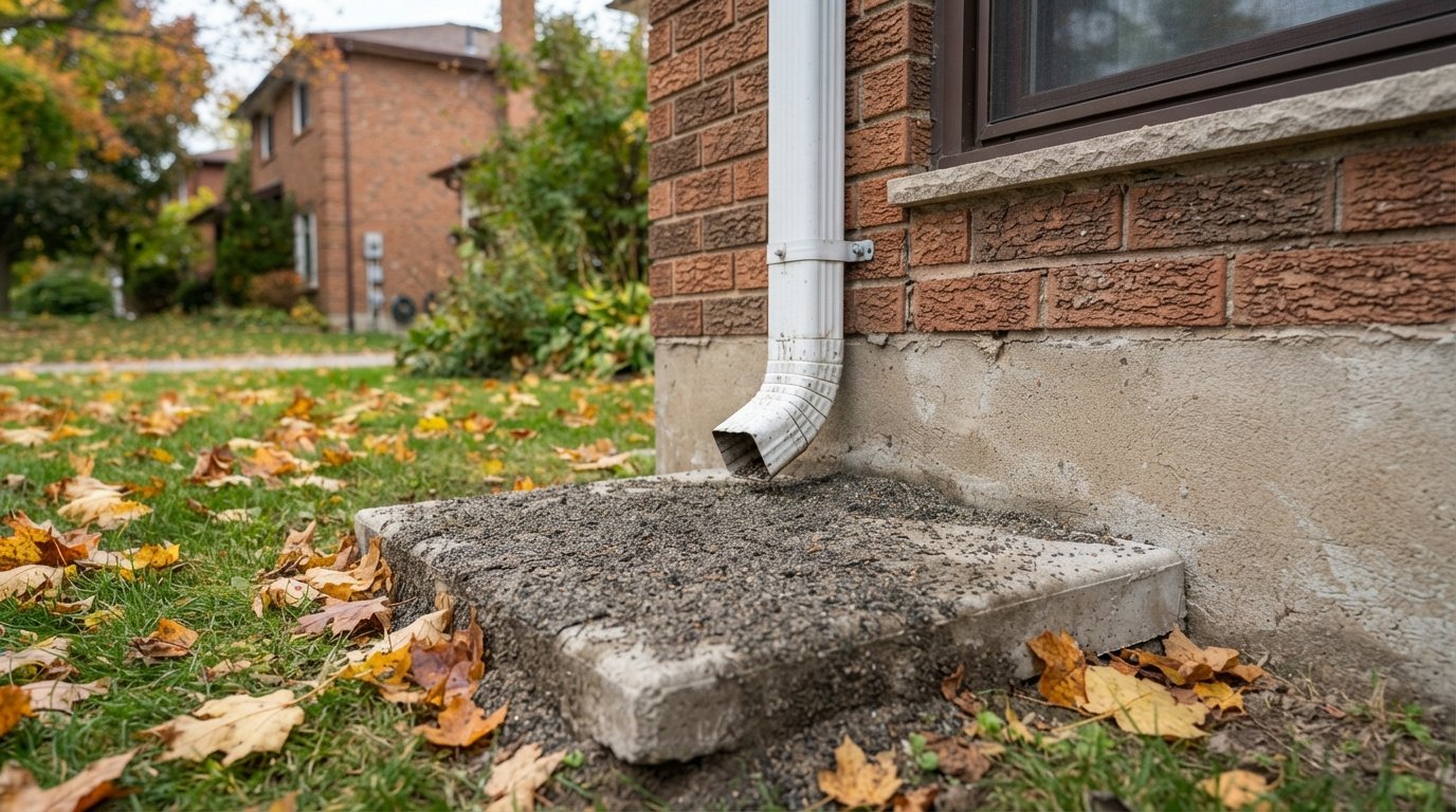 Dark mineral grit collected at a downspout outlet, a common sign of shingle granule loss