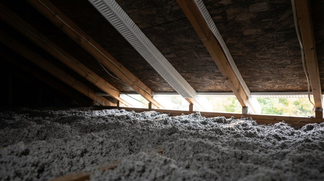 Row of attic baffles installed between rafters at the eaves above blown insulation