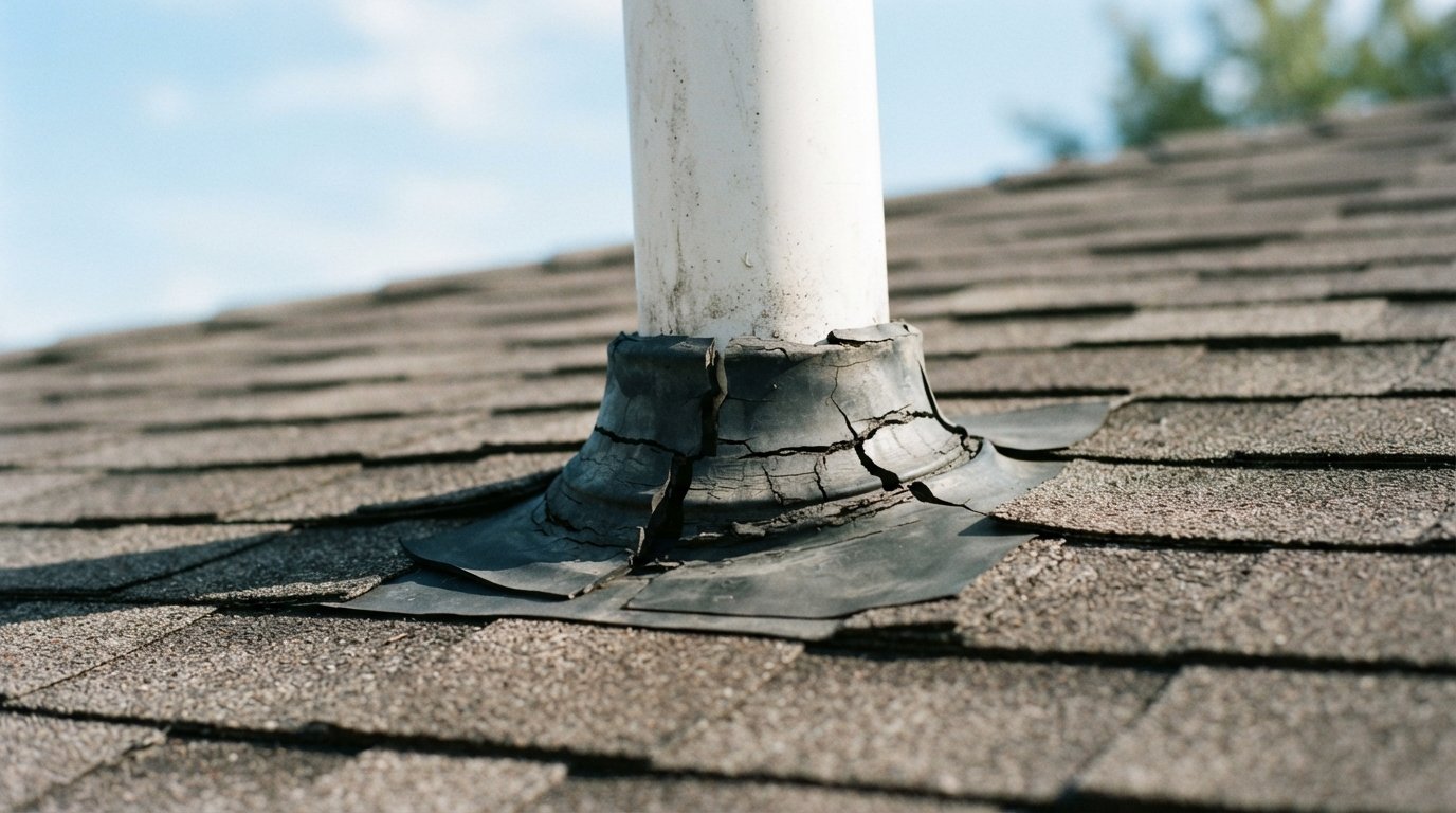 Close-up of a cracked neoprene collar on an old plumbing vent boot