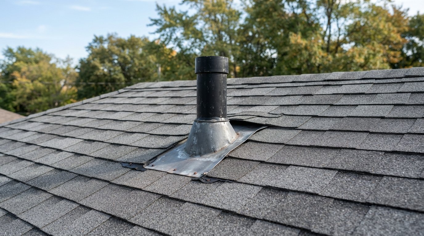 Plumbing vent boot sealing a vent stack pipe on an asphalt shingle roof