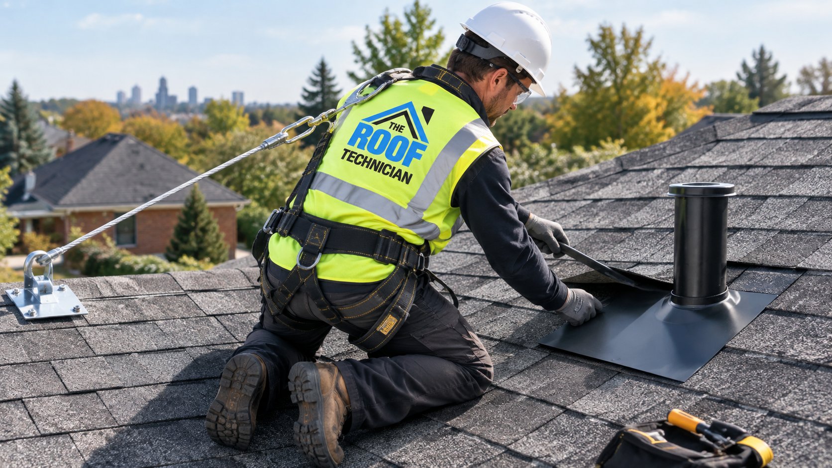 Roofer sliding a new plumbing vent boot over a vent stack on a sloped roof