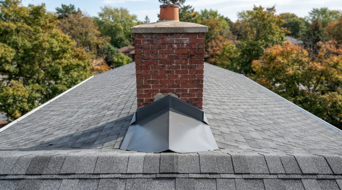 Brick chimney with a metal chimney cricket on the upslope side of a shingle roof