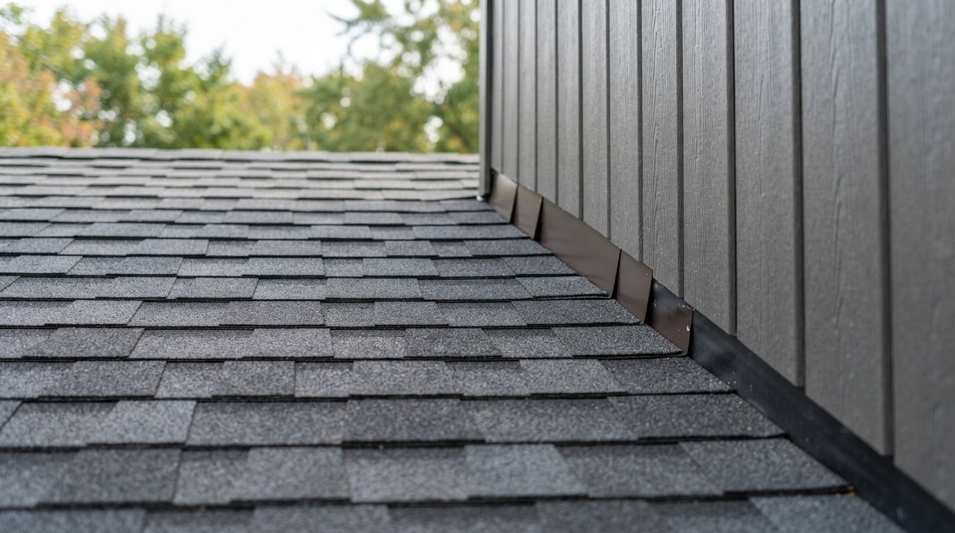 Close-up of step flashing and membrane at a wall transition on a low slope roofing section
