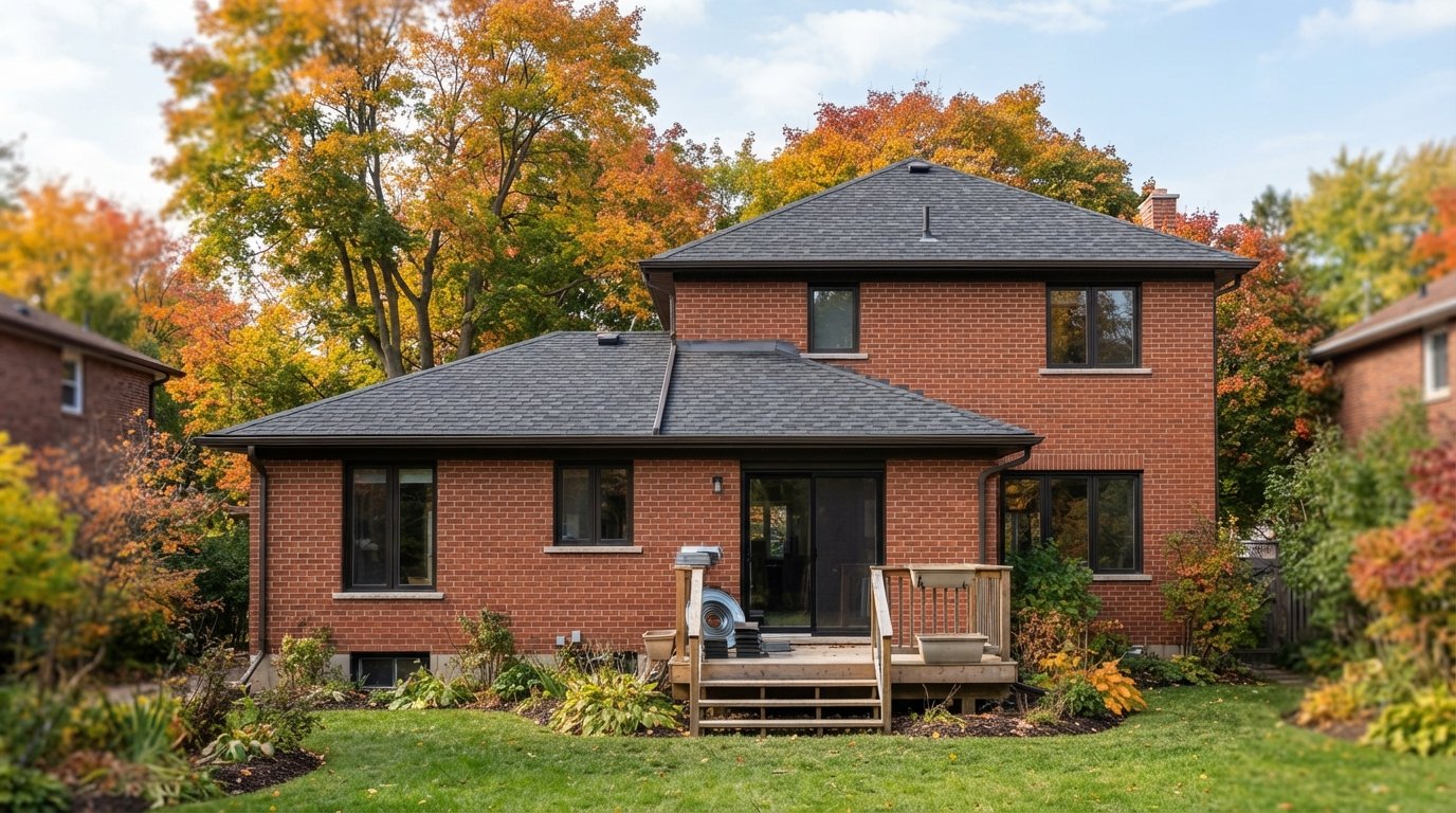Rear addition with low slope roofing in architectural shingles meeting a steeper main roof on a GTA home