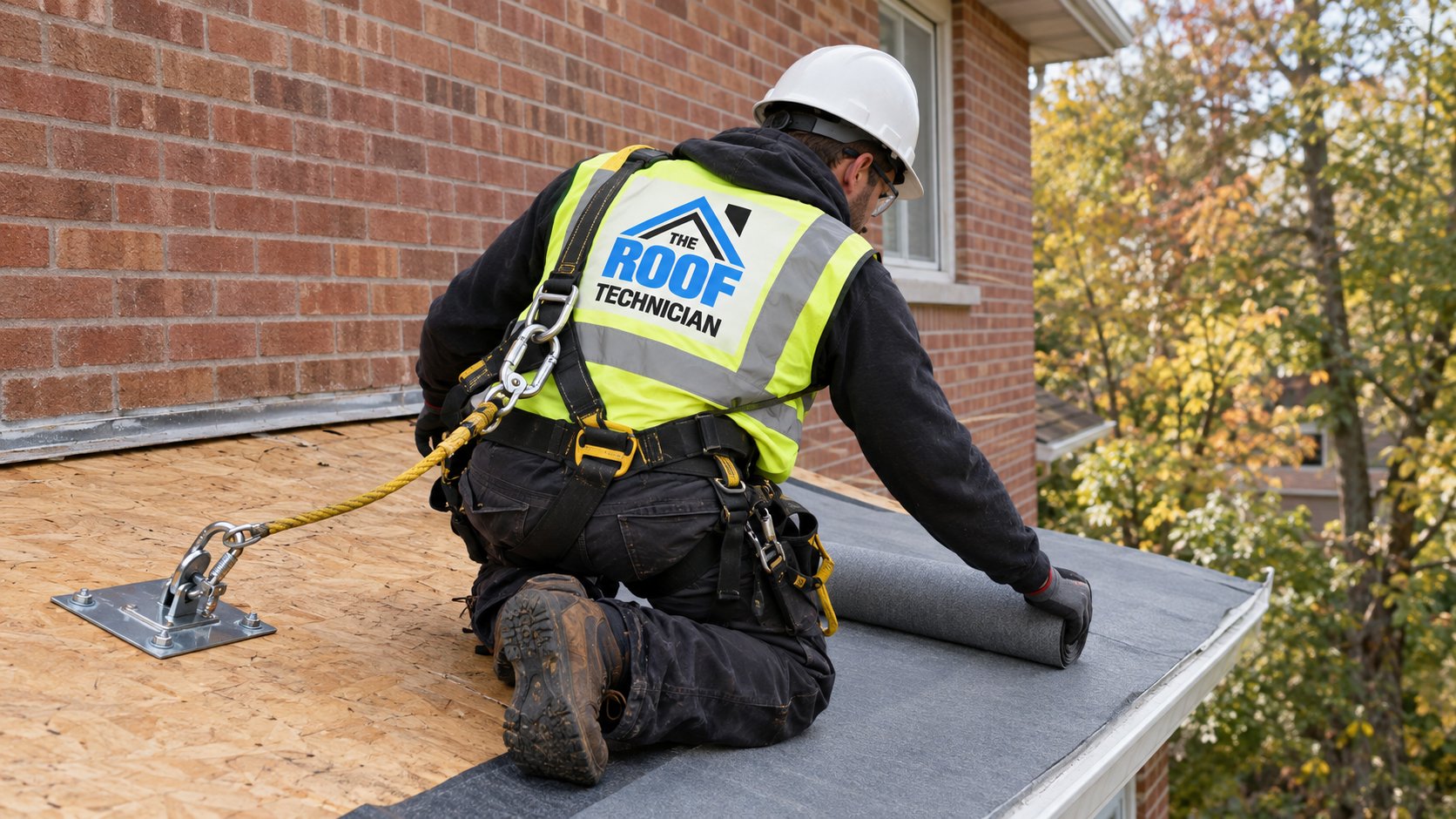 Roofer installing self-adhered membrane on a porch roof as part of low slope roofing preparation