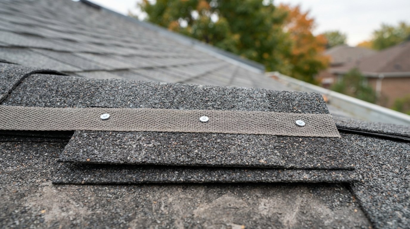 Close-up of the woven reinforced nailing strip on Owens Corning Duration shingles with nails placed correctly