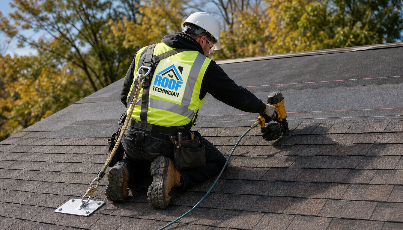 Roofer nailing Owens Corning Duration shingles through the reinforced nailing strip on a sloped roof