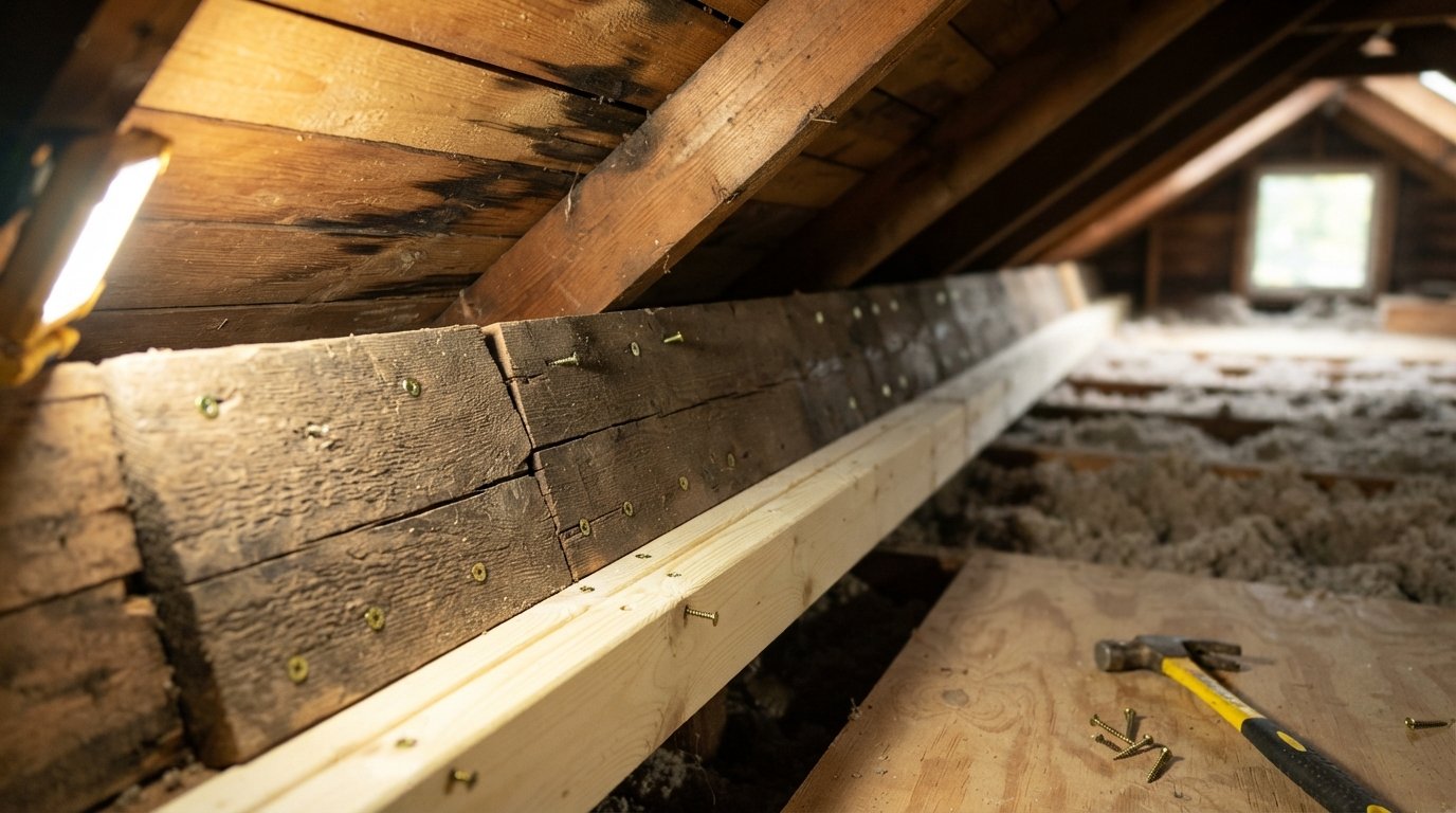 Close-up of a new rafter sistered alongside an old cracked rafter to repair a sagging roof