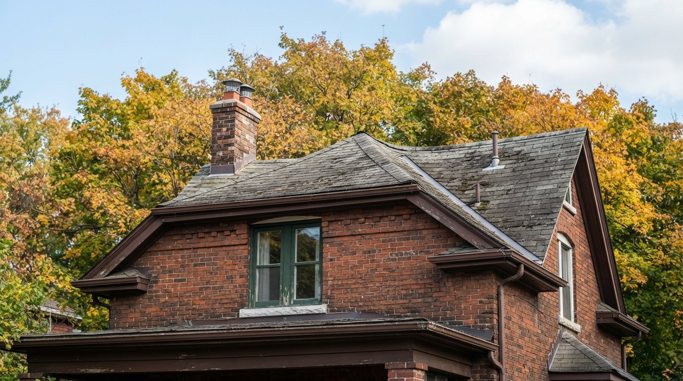 Older GTA brick house with a visibly sagging roof ridge and uneven shingle lines in early autumn