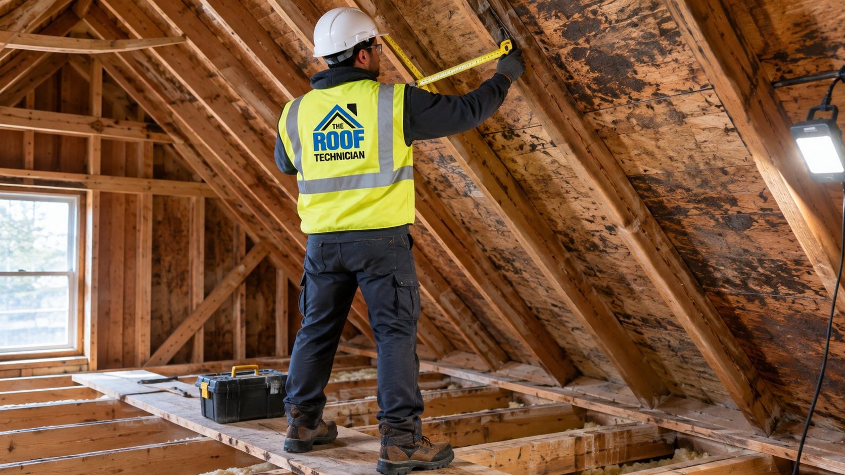Roofer measuring rafters and sheathing in an attic to assess the cause of a sagging roof