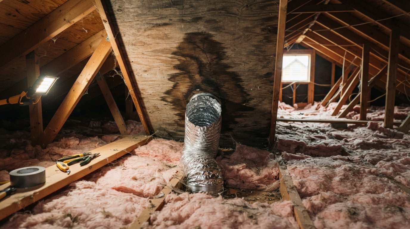 Disconnected bathroom fan venting duct lying on attic insulation beneath stained roof sheathing