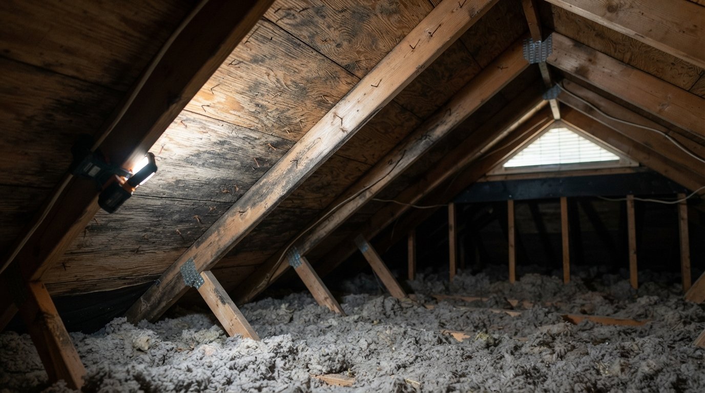 Black mould staining on attic roof sheathing between rafters before attic mould removal