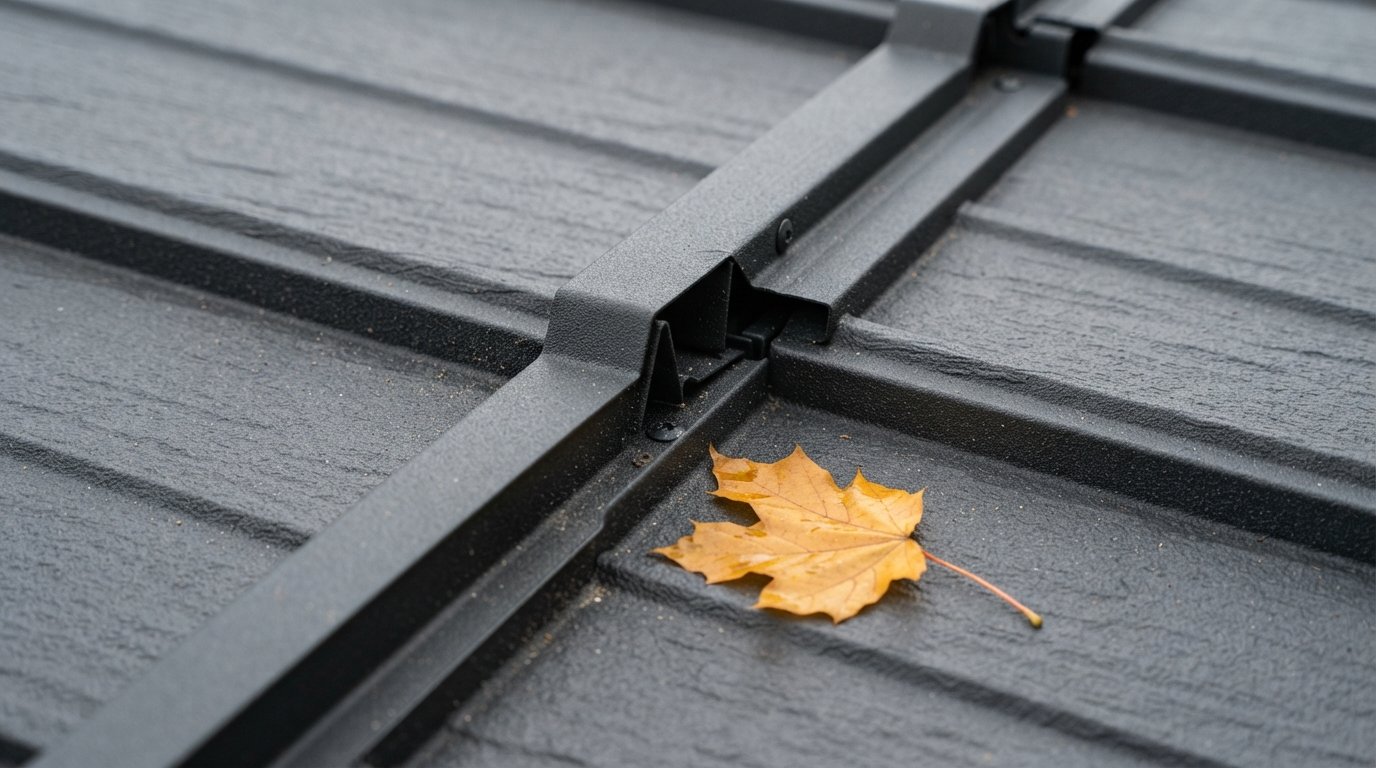 Close-up of interlocking slate-profile metal shingles showing the locked joint between panels