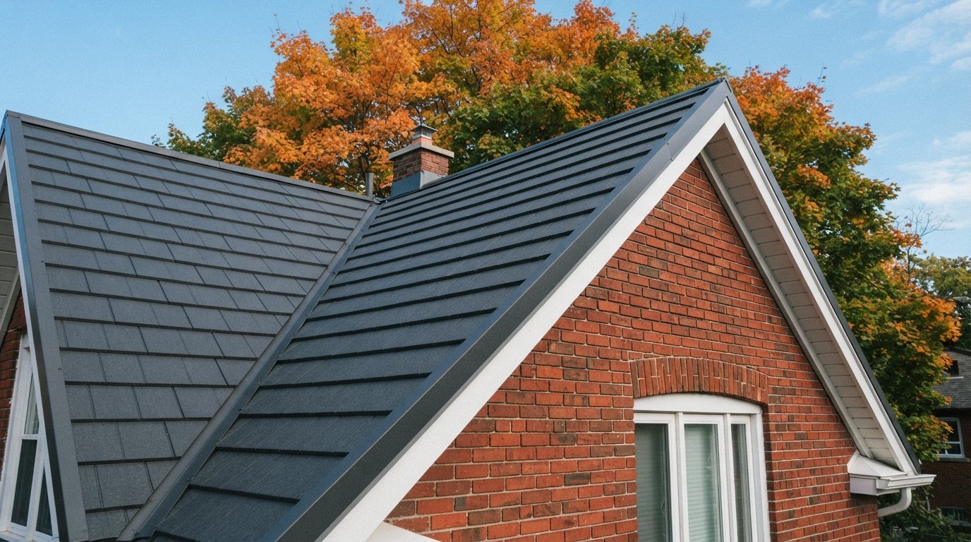 Two-storey GTA home roofed with slate-profile metal shingles in dark grey on a clear early-autumn day