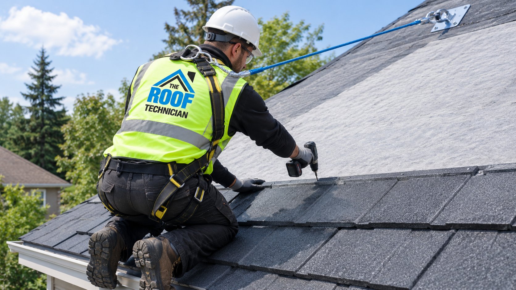 Roofer fastening interlocking stamped steel metal shingles to a sloped roof deck