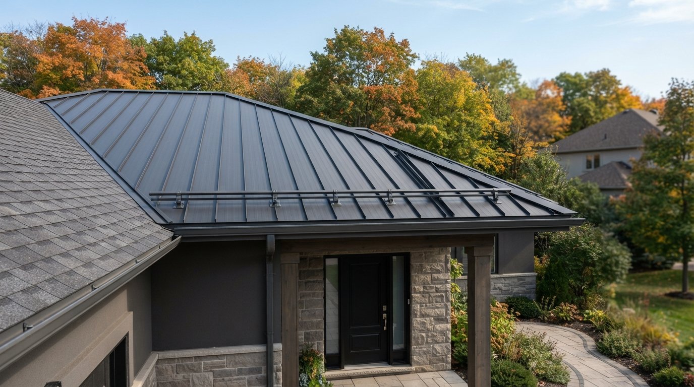Standing seam roof over a front entrance fitted with snow guards for metal roof protection in early autumn