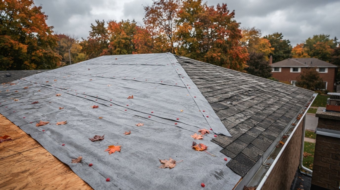 Partly stripped Toronto-area roof dried in with synthetic underlayment before autumn showers, showing why roofing in the rain is avoided