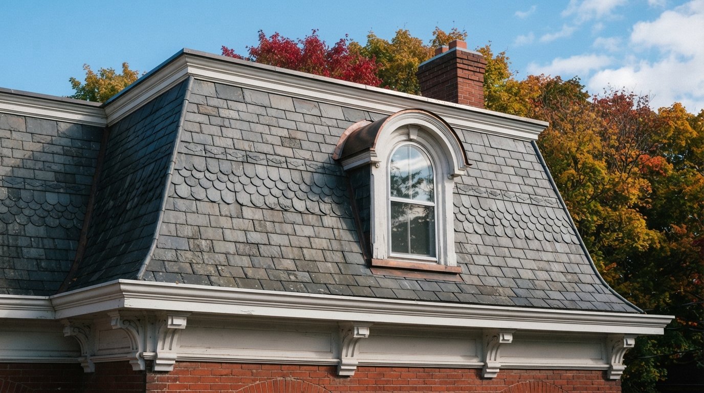 Steep slate face of a Victorian Second Empire mansard roof with an arched dormer and a moulded cornice in autumn