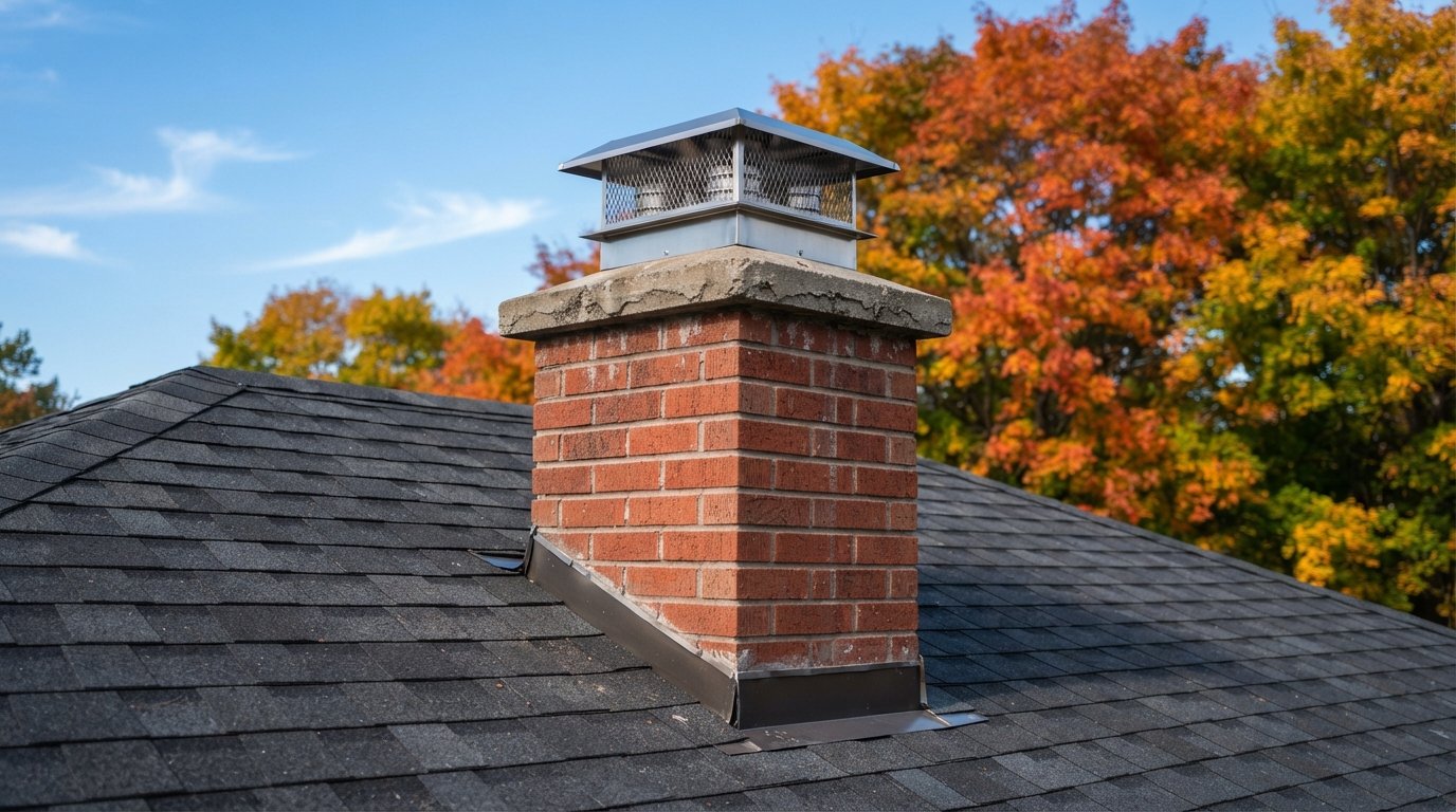 Brick chimney on a Toronto-area roof with a stainless steel multi-flue chimney cap and a cast concrete crown in autumn