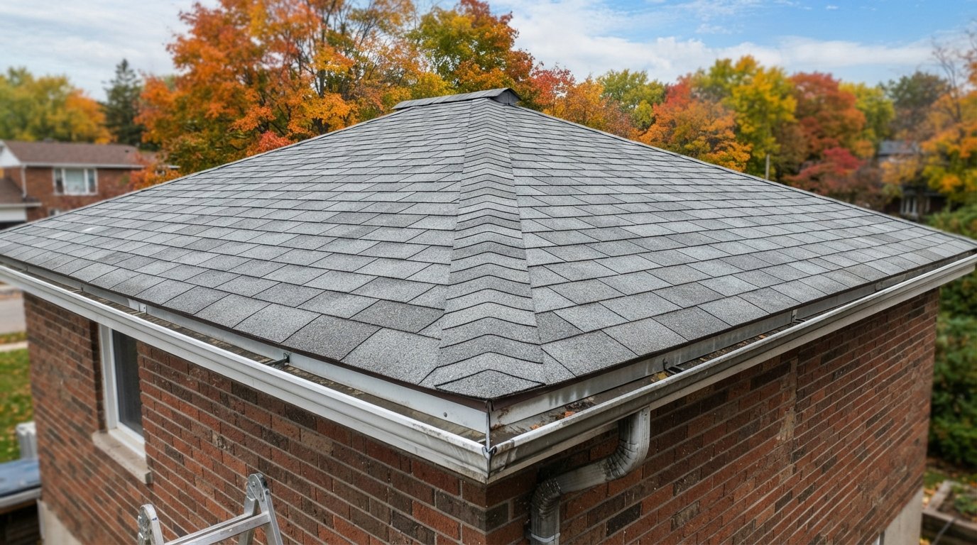 Corner of a post-war bungalow hip roof where two shingled slopes meet at a capped hip line, showing the hip roof vs gable roof difference