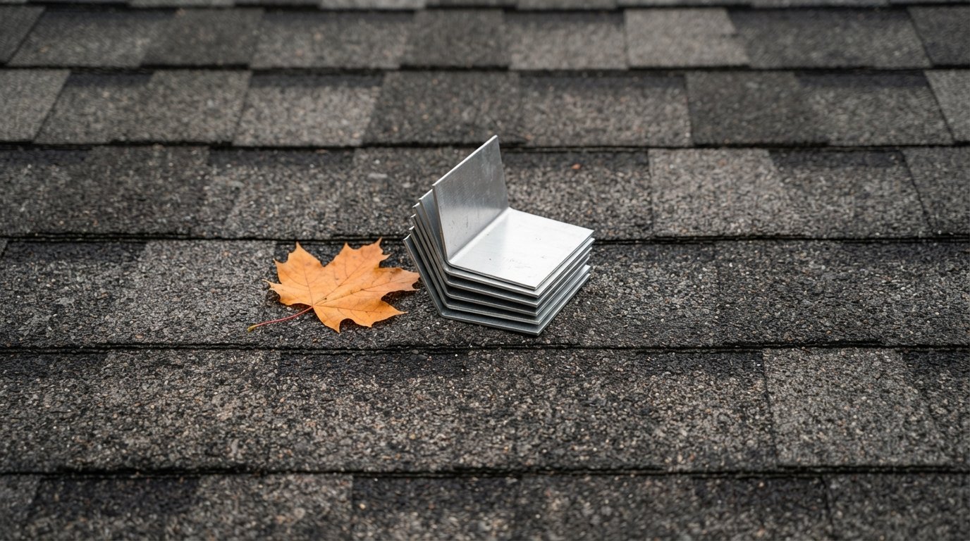 Stack of new bent aluminum step flashing pieces resting on charcoal asphalt shingles before installation