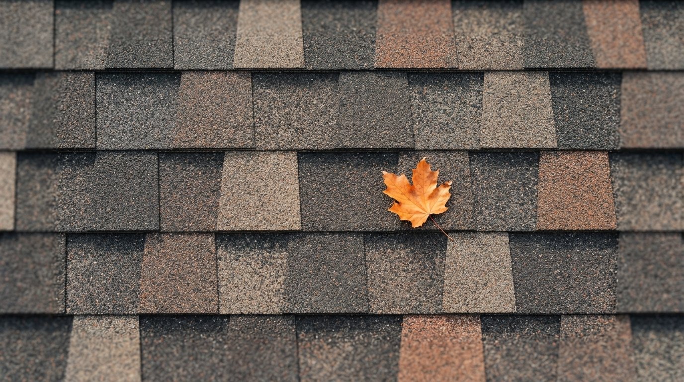 Close-up of freshly installed laminated architectural shingles with crisp shadow lines, similar to GAF Timberline HDZ, in autumn