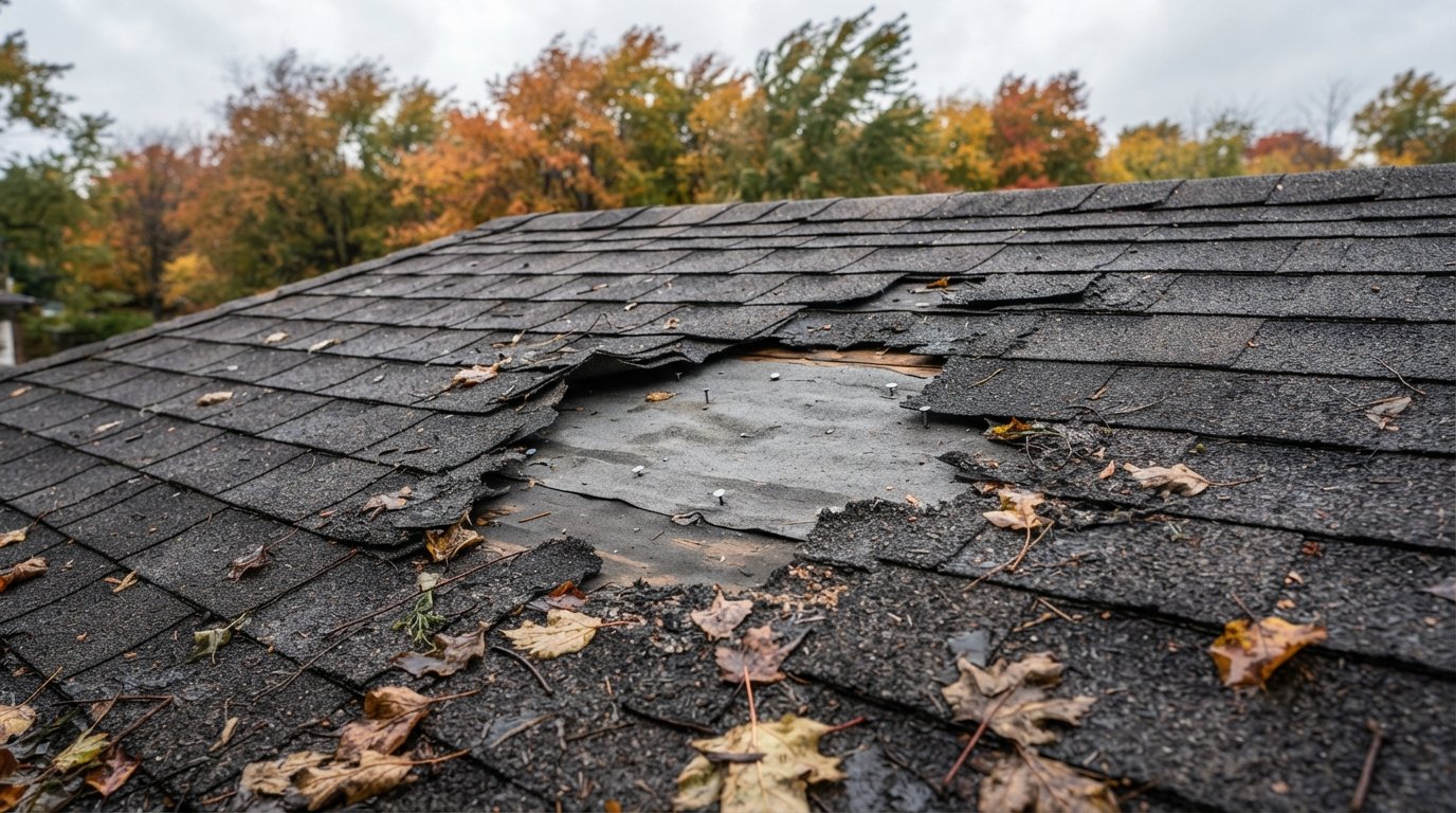 Asphalt roof slope with missing shingles exposing underlayment after an autumn windstorm on a GTA home