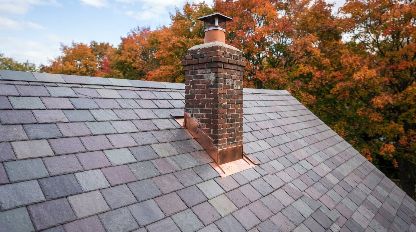 Steep Victorian roof finished in grey synthetic slate roofing with copper chimney flashing beside maple trees in autumn colour